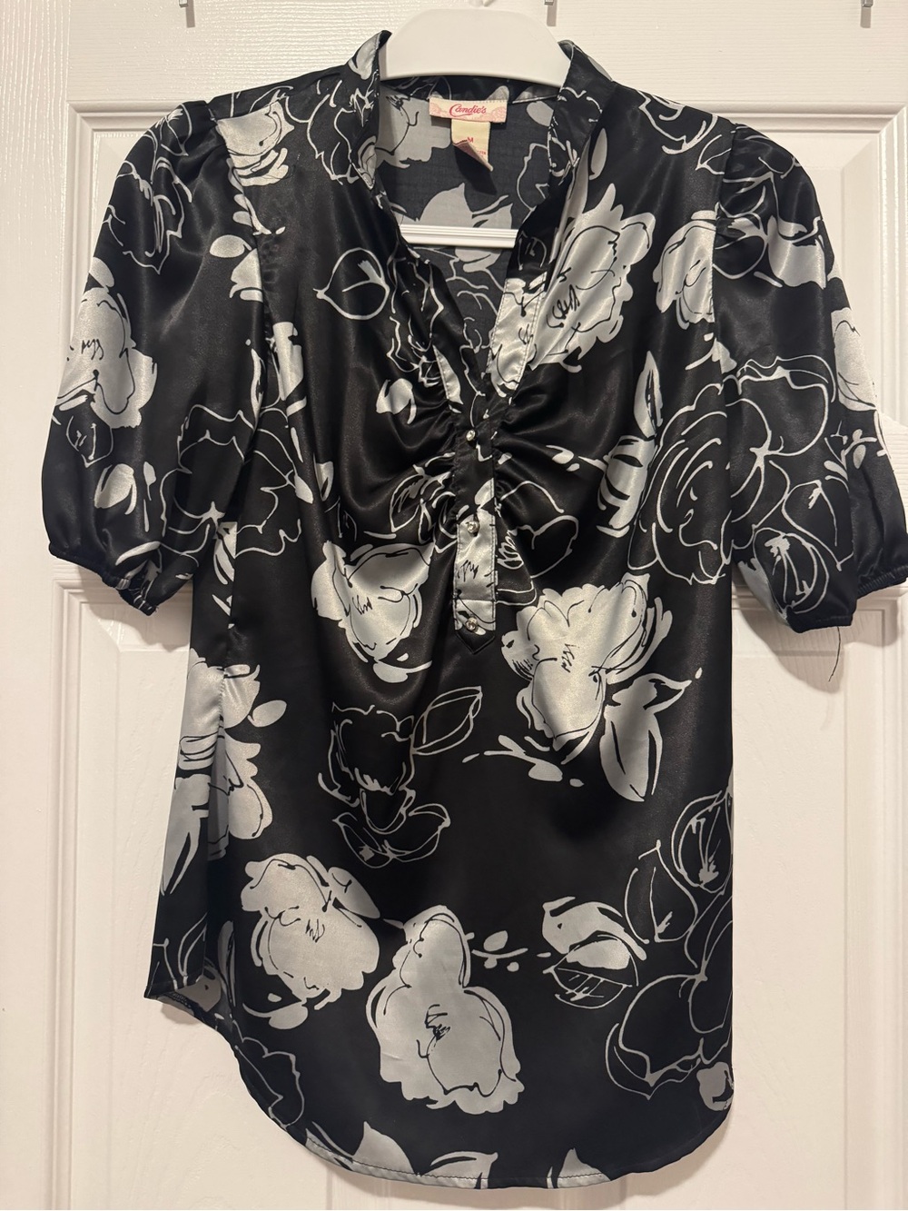 Candie's Black Satin Floral Ruched Neck Blouse